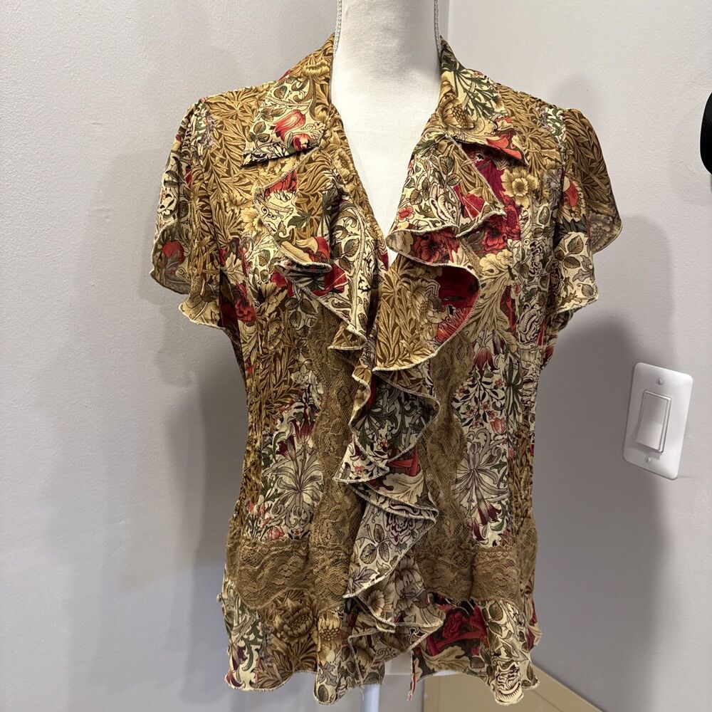 Cato Blouse Brown Tan Red Print Multi Ruffle Neck Front Size 10